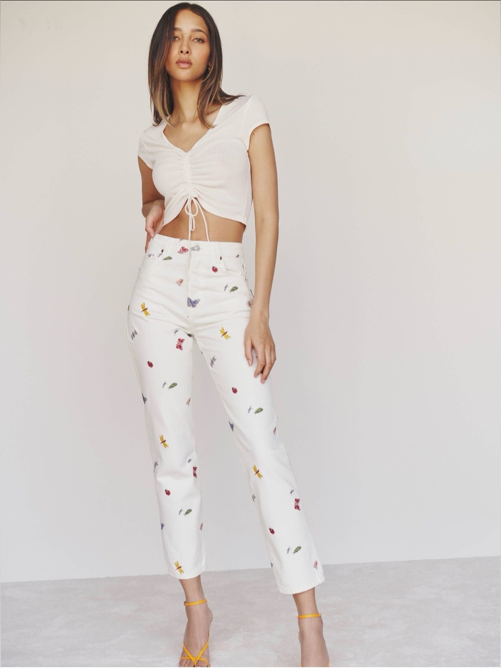 Reformation White Jeans with Colorful Butterfly & Bug Embroidery Size 26